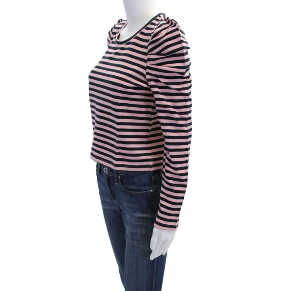 Rebecca Minkoff Womens Scoop Neck Cropped Talia Striped Sweatshirt Navy Pink XS